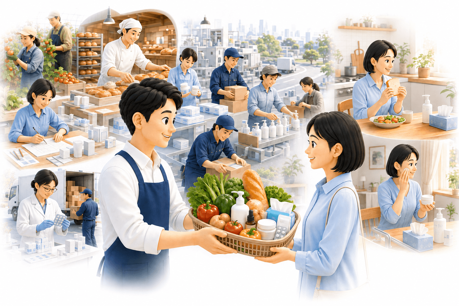 食品・化粧品・日用品・医薬品を笑顔で手渡す売り手と女性。背後に暮らしを支える多様な作り手と、その女性の日常が広がるイメージ（AI生成）
