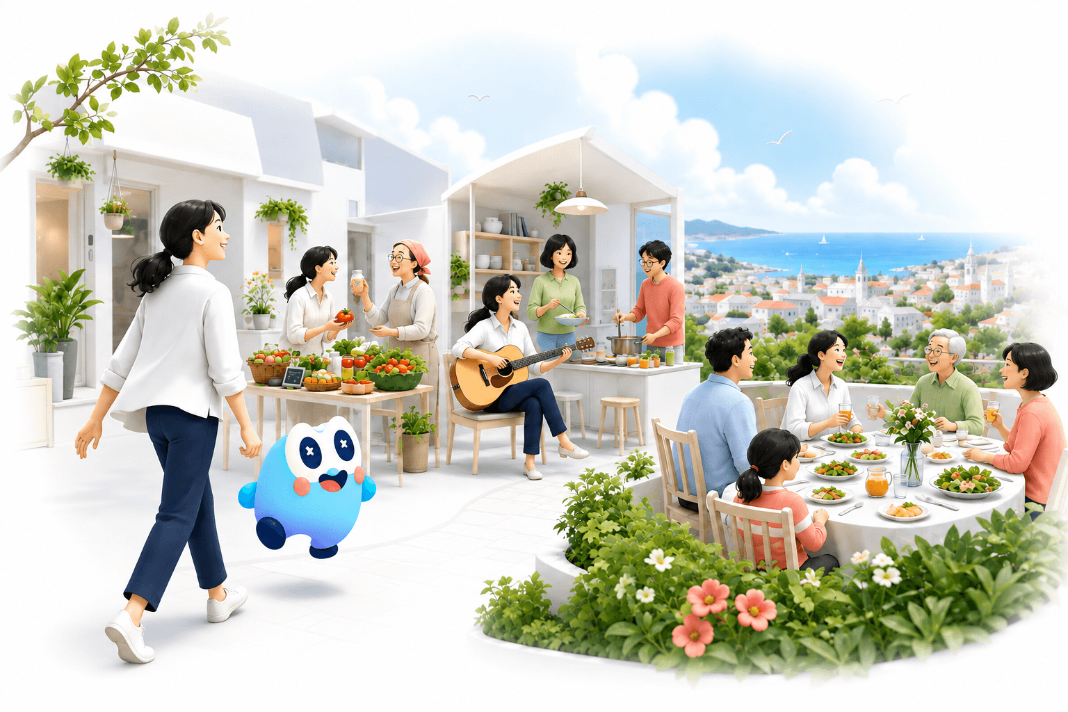 ミッケちゃんと人が、出会いや趣味、人と分かち合う時間が広がる鮮やかな世界へ向かうイメージ（AI生成）